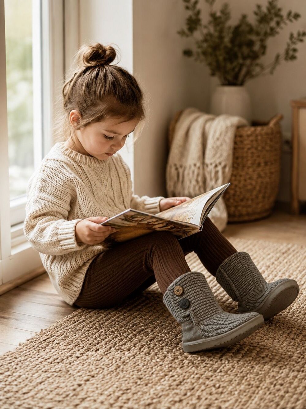 UGG Cardy Boots Kids Size 1 Gray Knit Sweater Boots Double Button Cozy Winter Sh